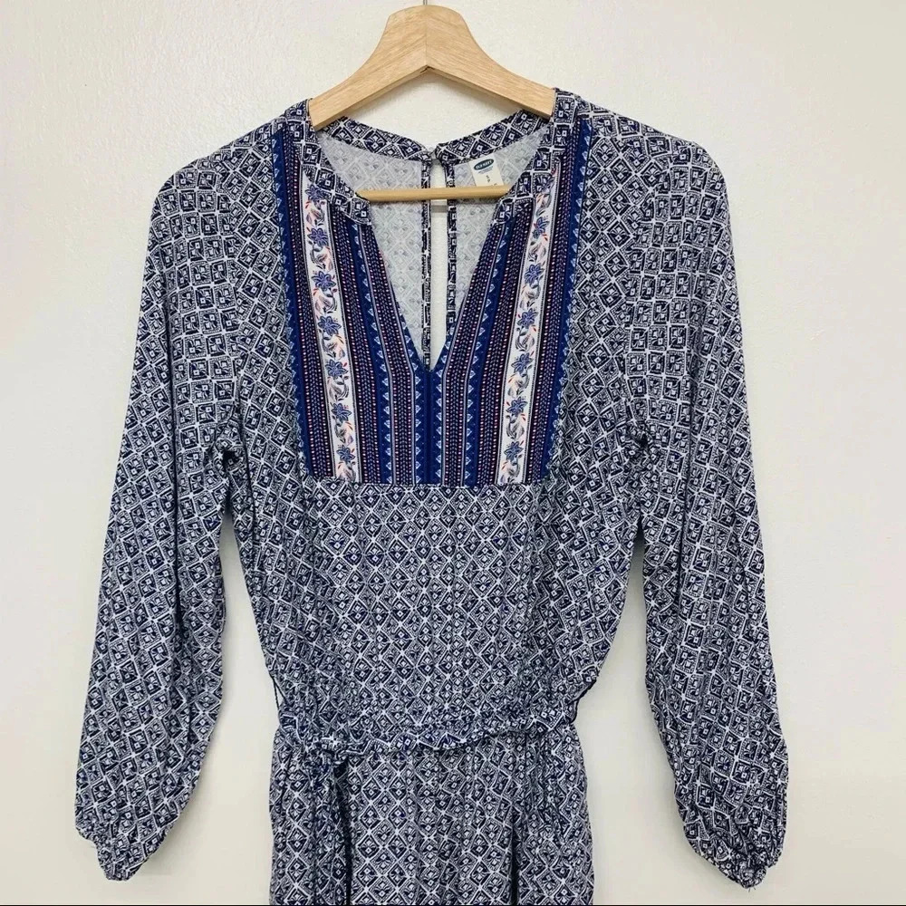 Old Navy Jumpsuit Small Long Sleeve Blue Paisley Floral Boho Cottagecore Prairie